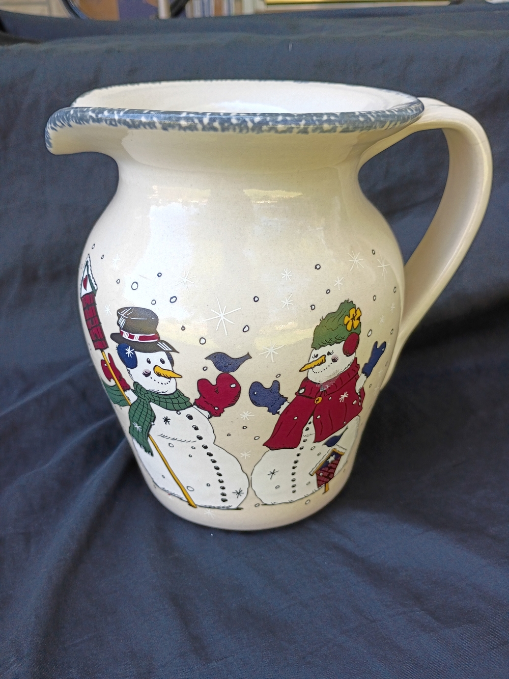 Pottery Pitcher Snowmen Birds Home & Garden Party 1998 Christmas Holiday Retired